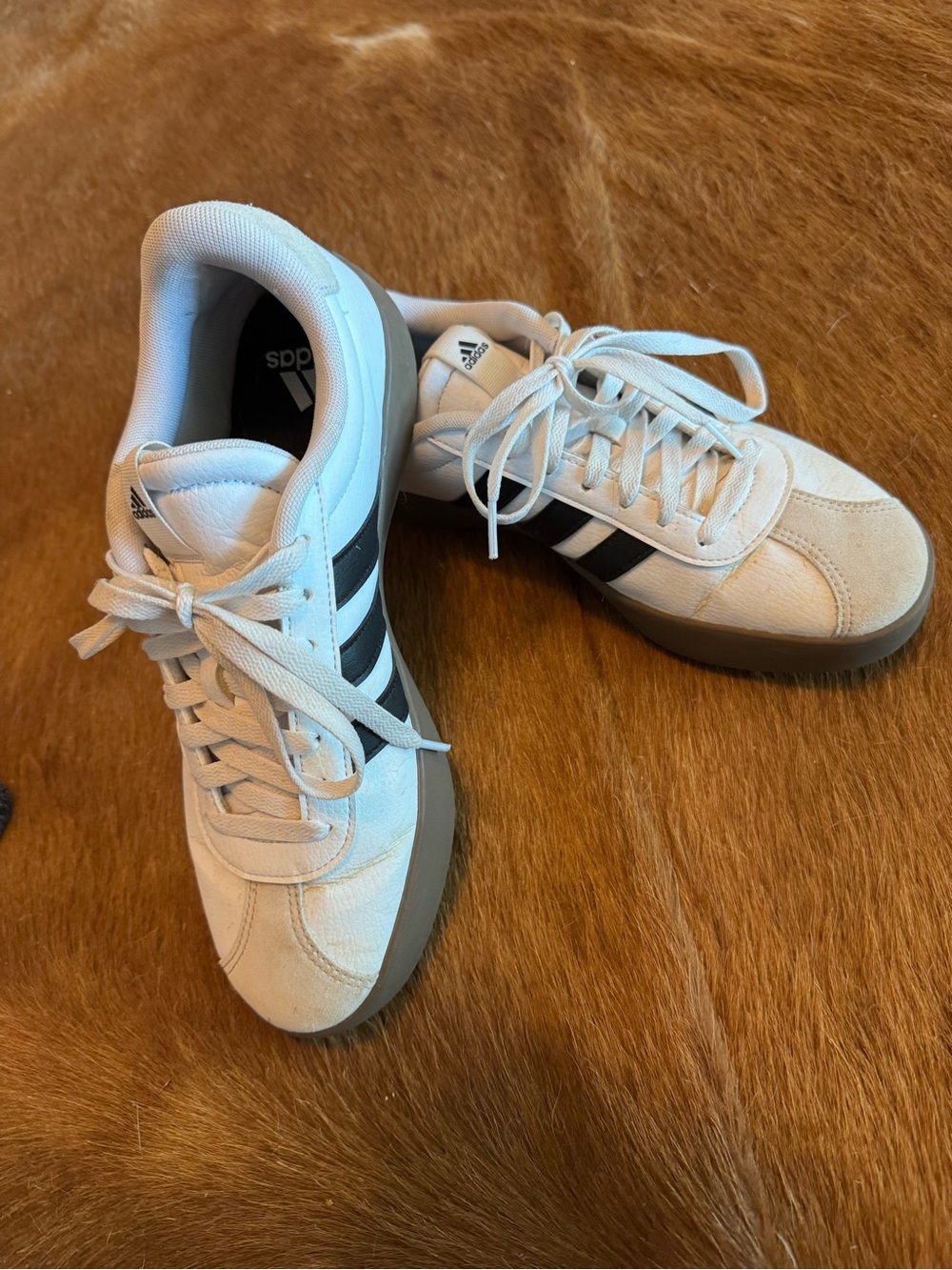 adidas White Sneakers with Black Stripes and Gum Soles